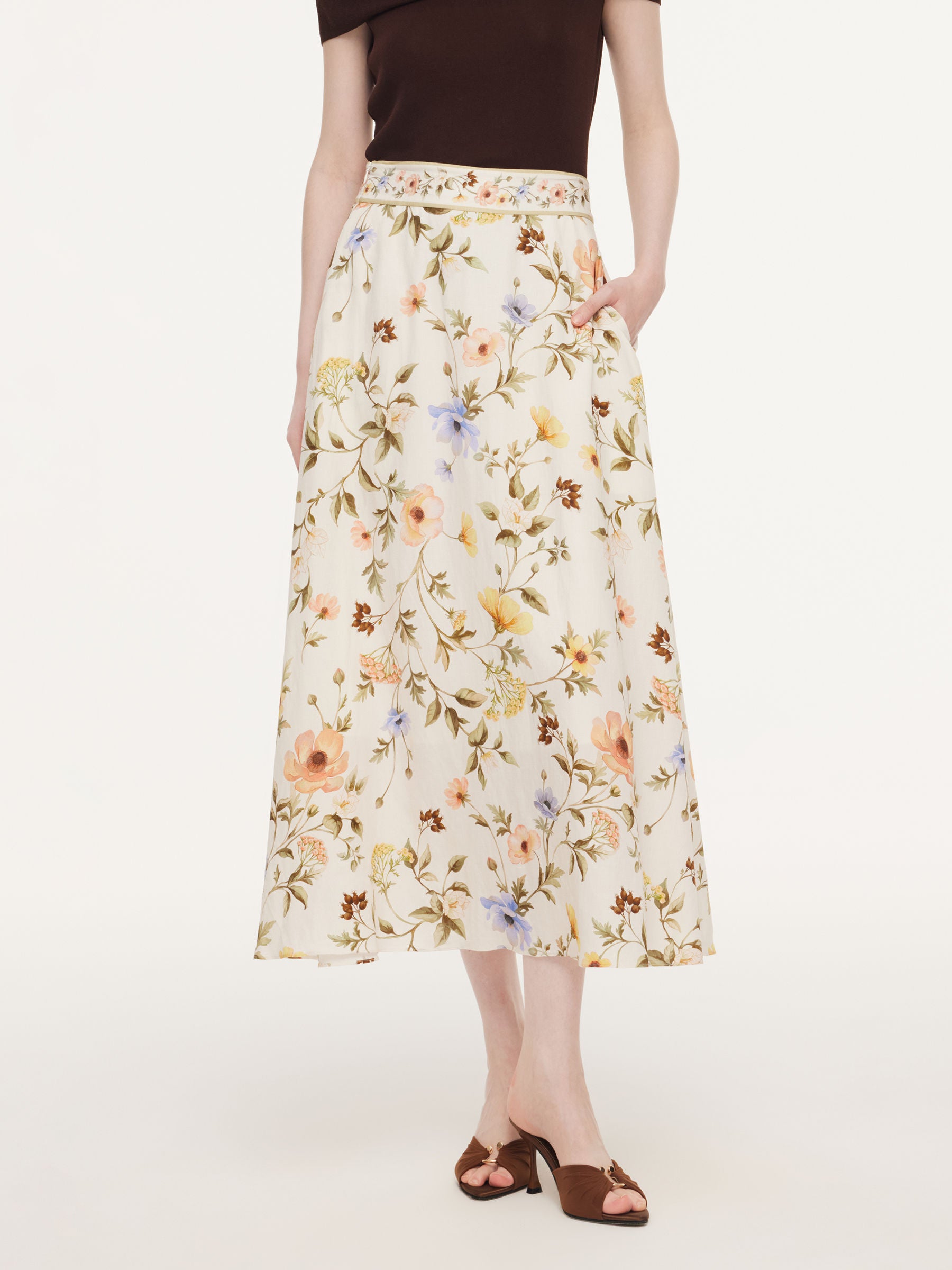 Tencel Blend Floral Print Women A-Line Skirt With Scrunchie GOELIA