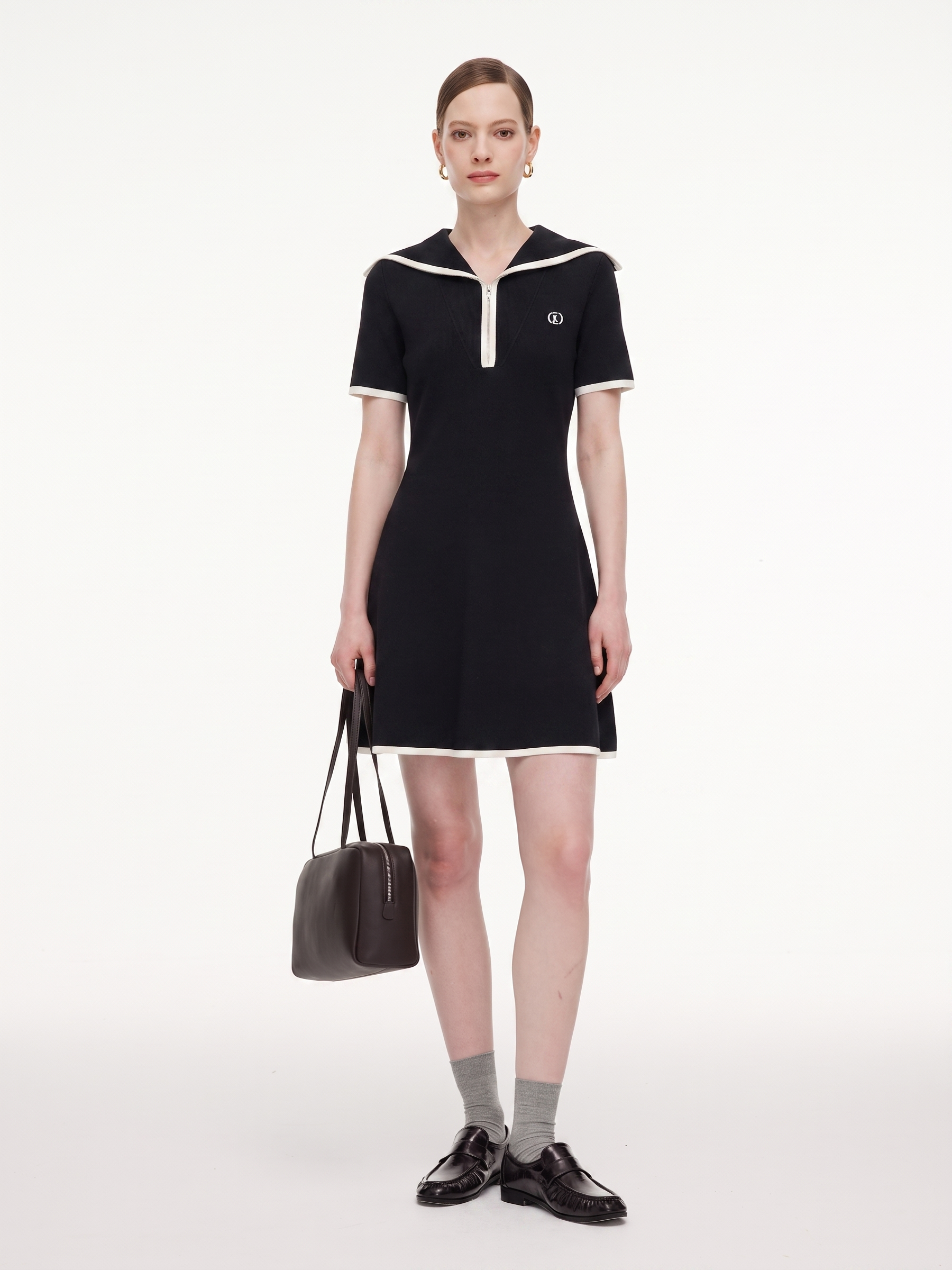 Lyocell Blend Contrast Trim Half-Zip Women Knit Mini Dress GOELIA