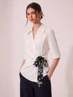 100% Cotton Side Twist Women Blouse With Silky Scarf GOELIA