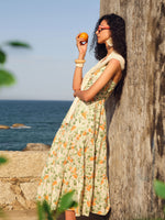 Cotton Floral Print Strap Maxi Dress And Openwork Cardigan Two-Piece Set GOELIA