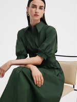 Dark Green Gathered Waist Women Maxi Shirt Dress