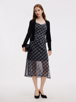 Plaid Adjustable Straps Slip Midi Dress And Cardigan Two-Piece Set GOELIA