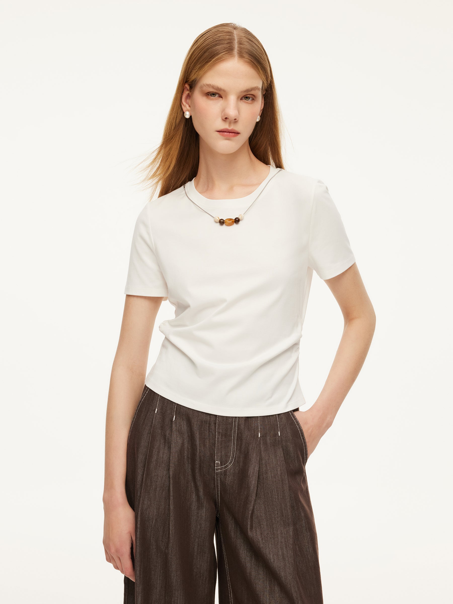 Cotton Side Twist Women T-Shirt With Detachable Beaded Chain GOELIA