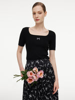 [Preview] Lyocell Blend Bowknot Embroidered Women Square Neck Knit Top GOELIA