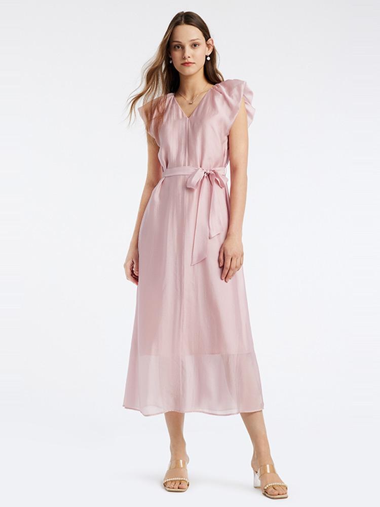 Pink V-Neck Ruffle Sleeve Maxi Dress GOELIA