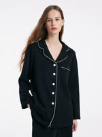 Black Long Sleeves And Pants Lapel Pajamas Two-Piece Set GOELIA