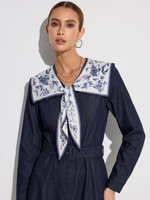 V-Neck Belted Women Denim Look Maxi Dress With Detachable Floral Print Silk Collar GOELIA