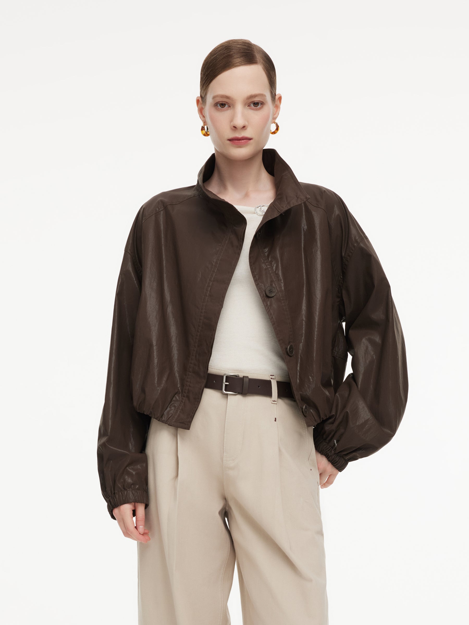 100% Cotton Stand Collar Women Cropped Balloon Jacket GOELIA