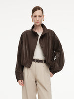 100% Cotton Stand Collar Women Cropped Balloon Jacket GOELIA