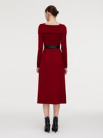 Tencel Wool Blend Boat Neck Women Knit Maxi Dress With Leather Belt GOELIA