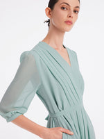 V-Neck Pleated Lace Up Wrap Midi Dress GOELIA