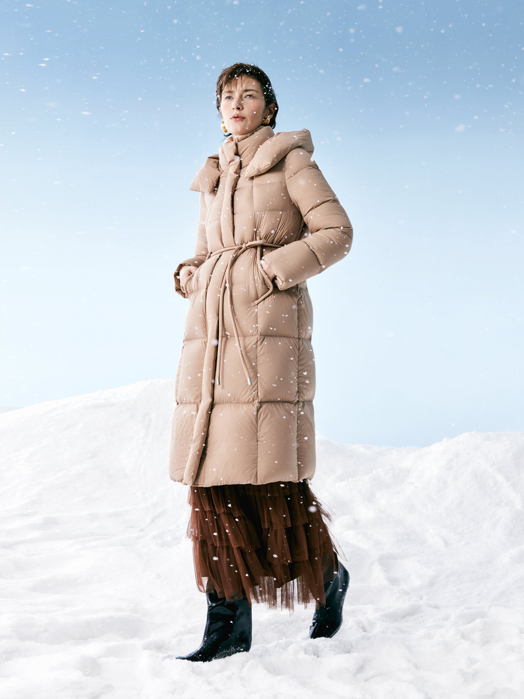 Hooded Goose Down Coat With Tie String Belt GOELIA