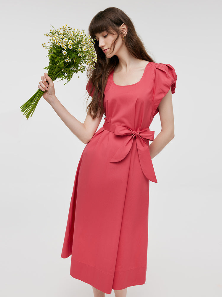 U-Neck Women Midi Dress With Belt GOELIA