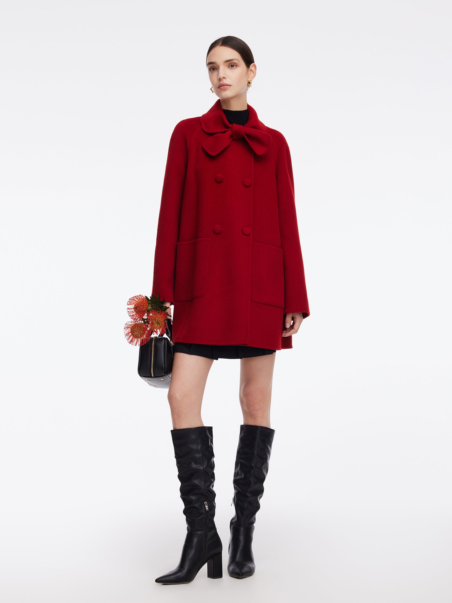 Tencel Wool Blend Double-Faced Women Coat With Detachable Collar GOELIA