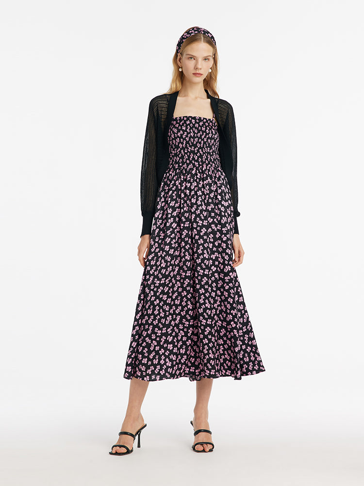 Bowknot Printed Spaghetti Strap Maxi Dress And Knitted Cardigan Two-Piece Set With Scrunchie GOELIA