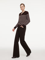 100% Wool Brown Stripe Women Hooded Zip-Up Cardigan GOELIA