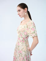 19MM Mulberry Silk Floral Print Women Square Neck Midi Dress GOELIA