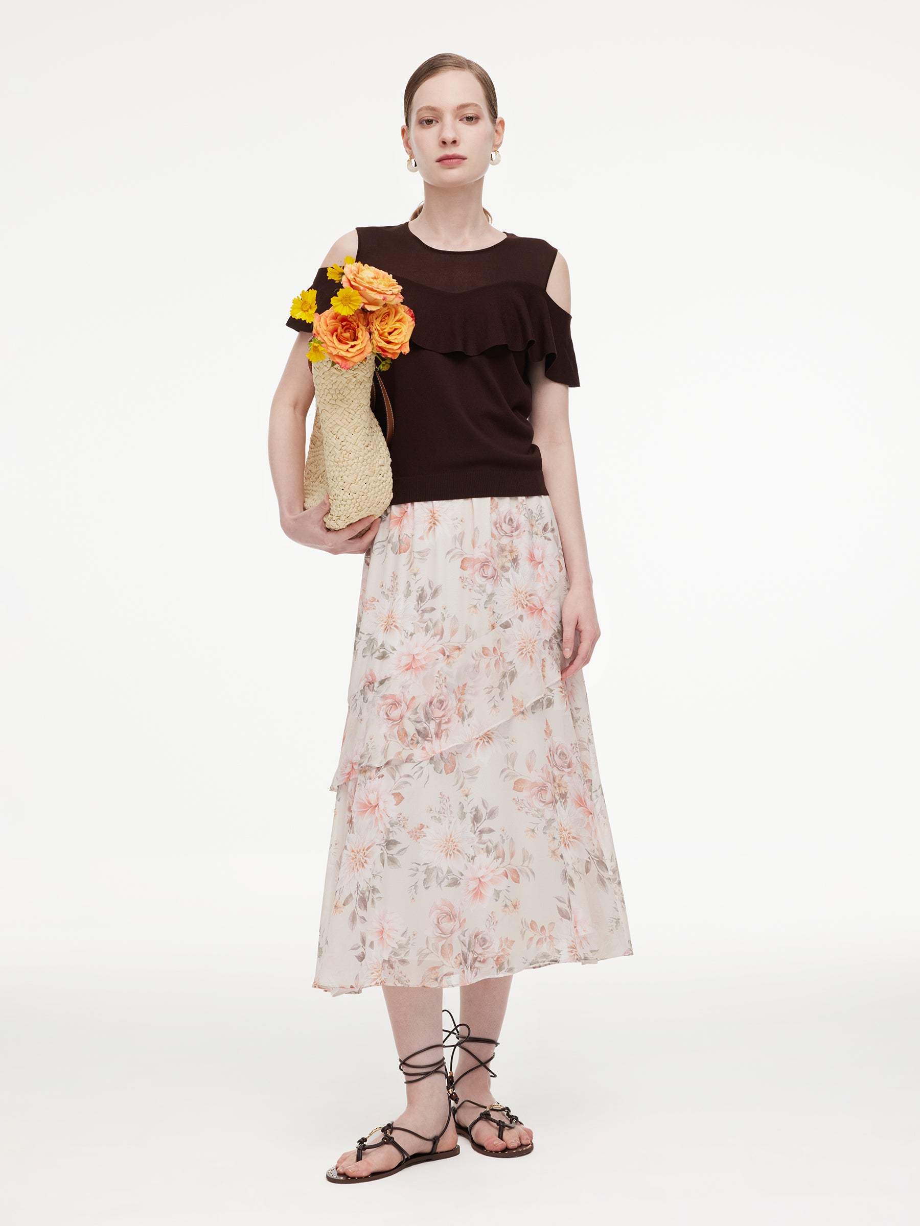 10MM Mulberry Silk Floral Print Women Tiered Skirt GOELIA
