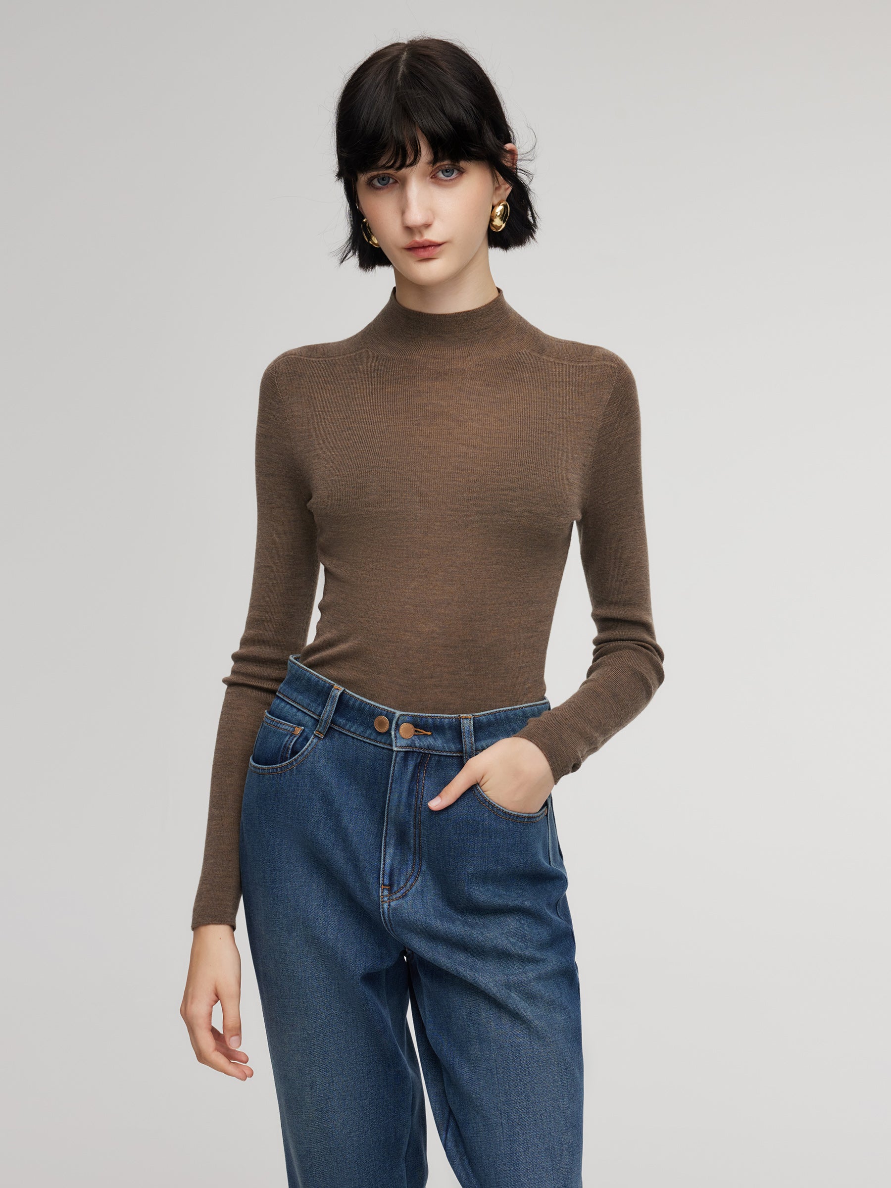 [Preview] 100% Wool Seamless Mock Neck Women Knit Top GOELIA