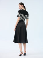 Lyocell Blend Stripe Patchwork Women Midi Dress With Belt GOELIA