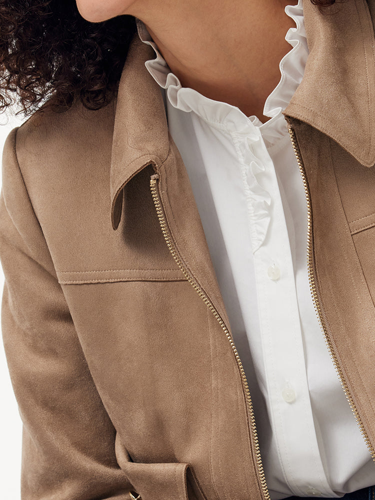 Faux Suede Zip-Up Women Lined Crop Jacket GOELIA