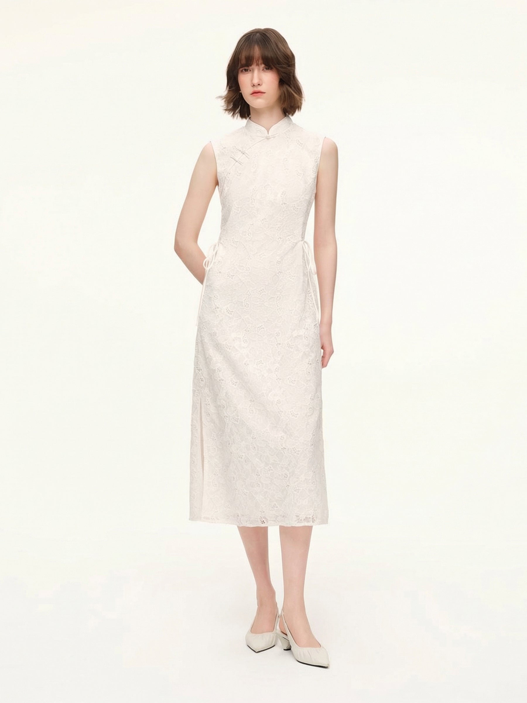Lace Sequins Adjustable Drawstring Waist Women Qipao Midi Dress GOELIA