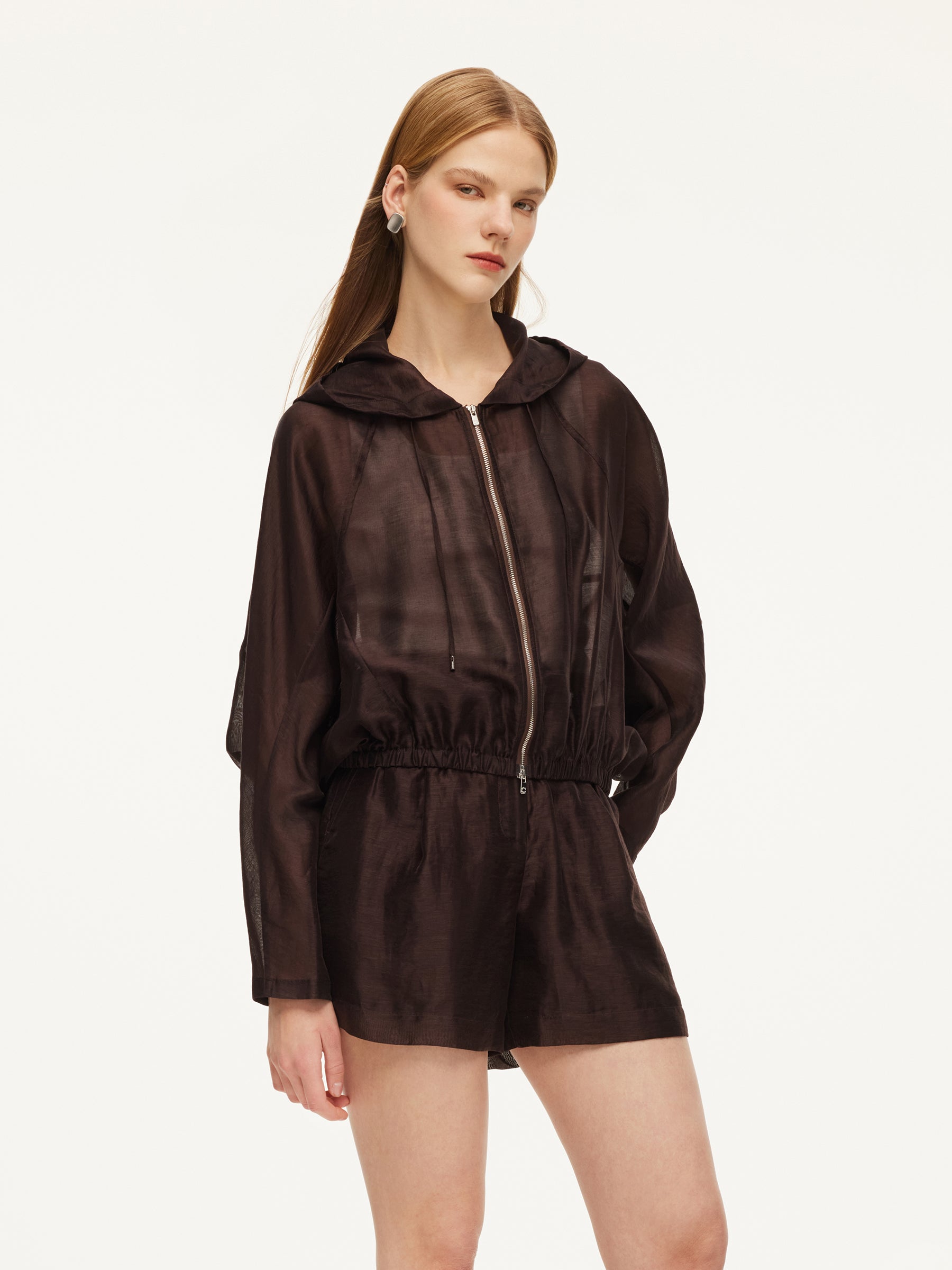 Tencel Linen Blend Women Sheer Hooded Jacket GOELIA