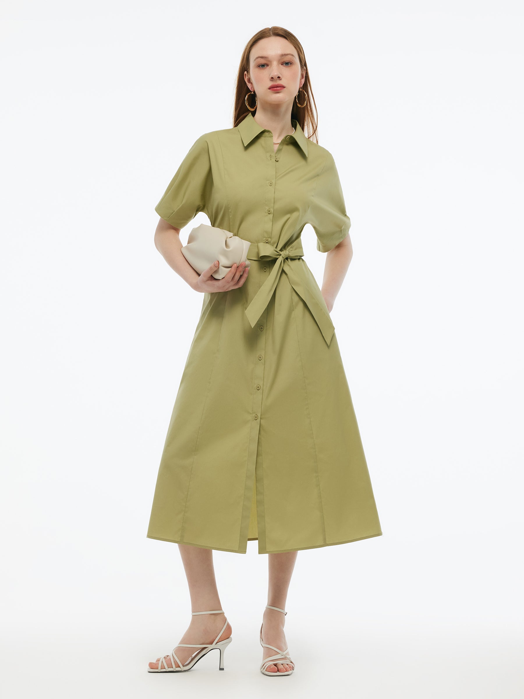 Gathered Waist Stretch Women Maxi Shirt Dress With Belt GOELIA