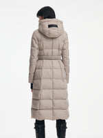 [Preview] Longline Subtle Plaid Belted Goose Down Hooded Overcoat GOELIA