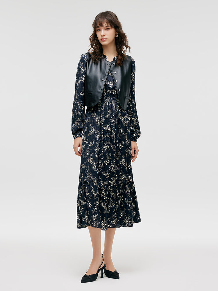 Eco-Friendly Fur Vest And Floral Print Dress Two-Piece Set GOELIA