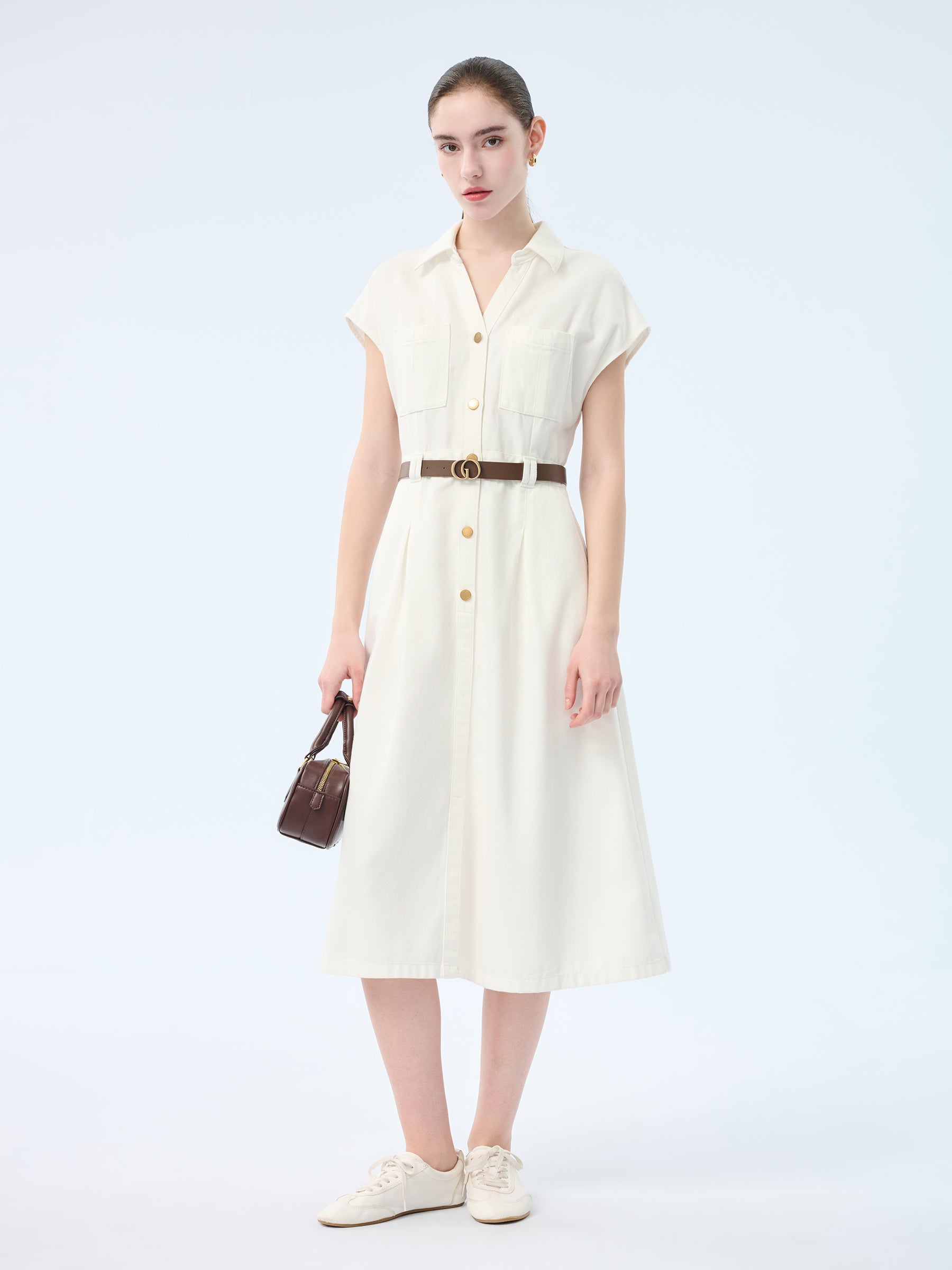 Lyocell Cotton Blend Denim Women V-Neck Maxi Shirt Dress With Belt GOELIA