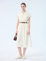 Lyocell Cotton Blend Denim Women V-Neck Maxi Shirt Dress With Belt GOELIA