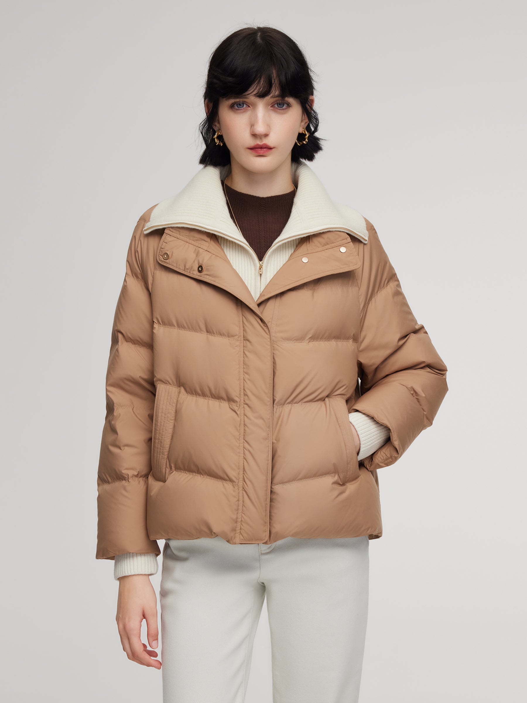 Windproof Goose Down Jacket With Detachable Knit Collar GOELIA