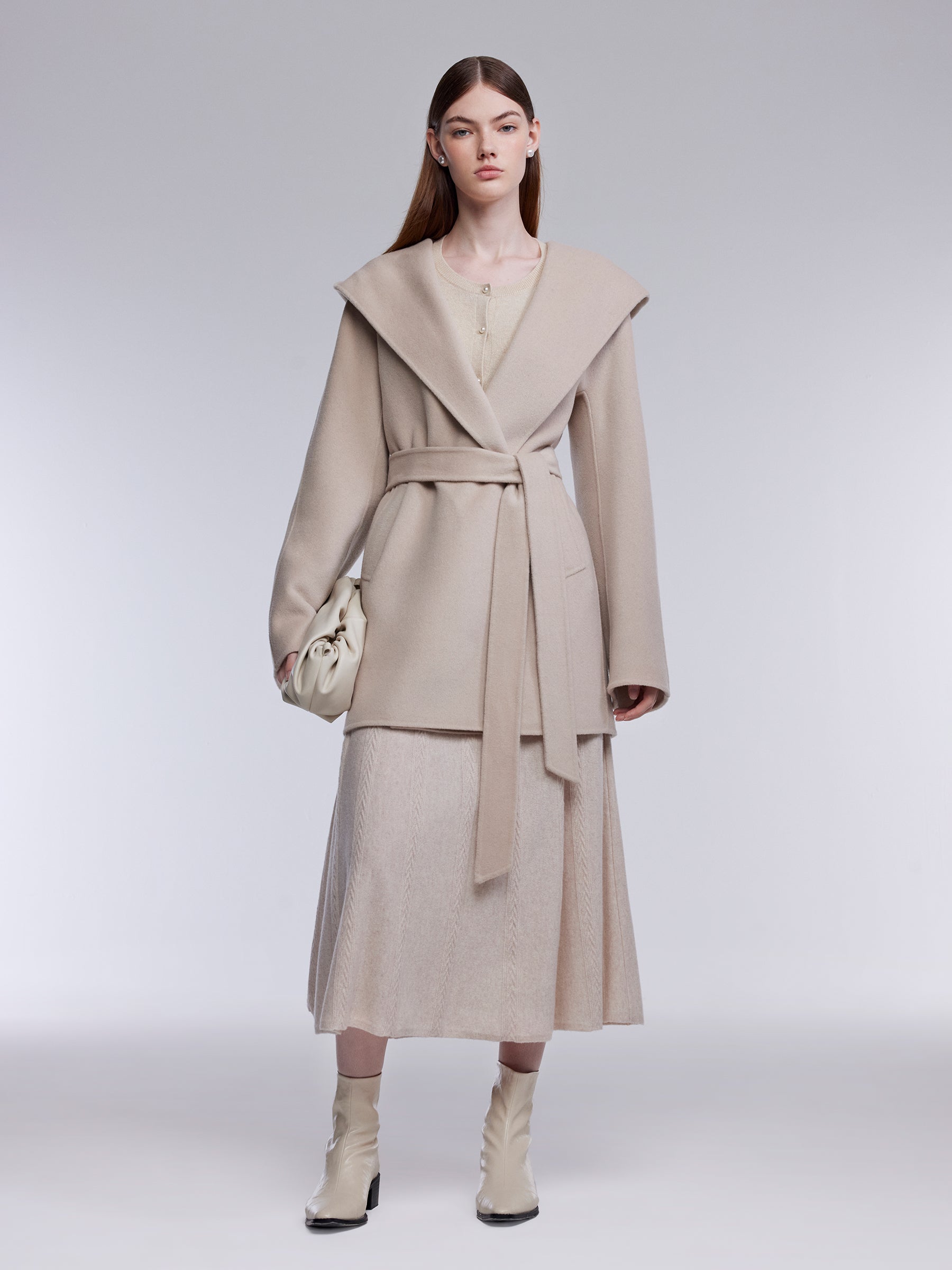 [Preview] Cashmere Wool Blend Women Hooded Wrap Coat GOELIA
