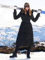 Hooded Gathered Waist Long Goose Down Garment With Belt GOELIA