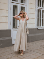 100% Linen Women Backless Strap Maxi Dress GOELIA