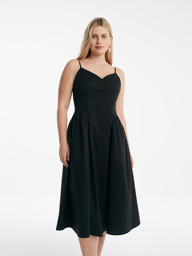 Gathered Waist Spaghetti Strap Women Midi Dress With Detachable Chest Pads GOELIA
