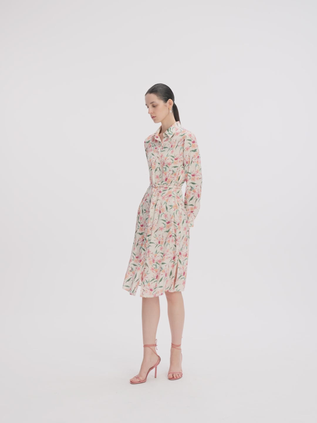 19 Momme Mulberry Silk Floral Printed Women Midi Shirt Dress With Belt