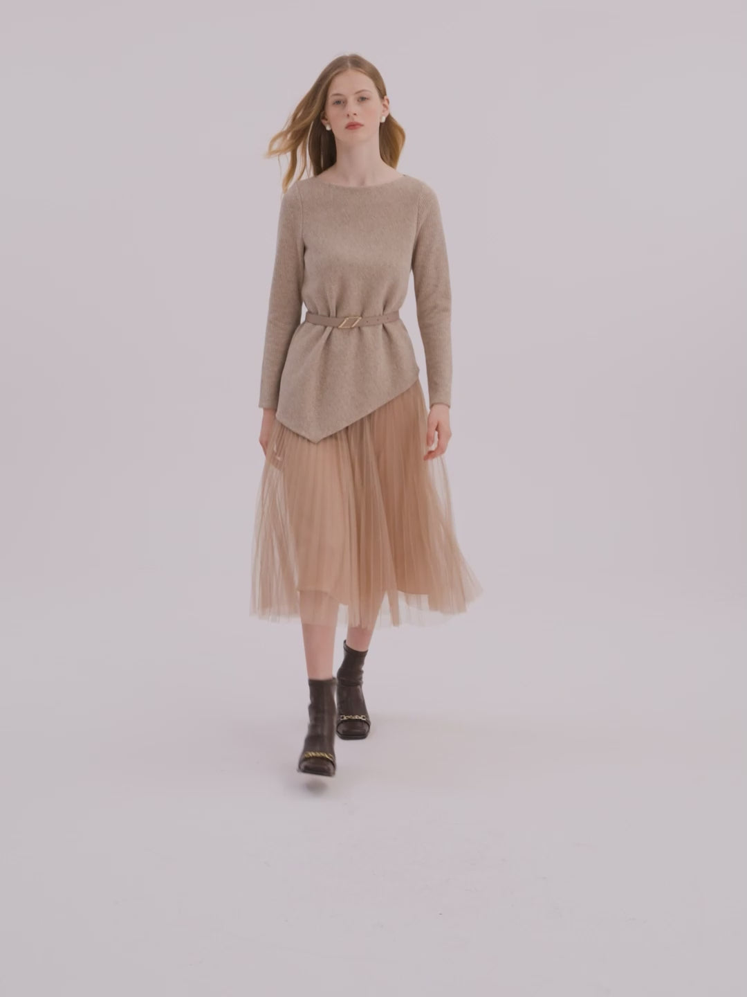 Asymmetrical Hem Top And Tulle Women Skirt With Belt Two-Piece Set