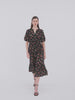 Mulberry Silk Rose Printed V-Neck Puff Sleeves Women Midi Dress