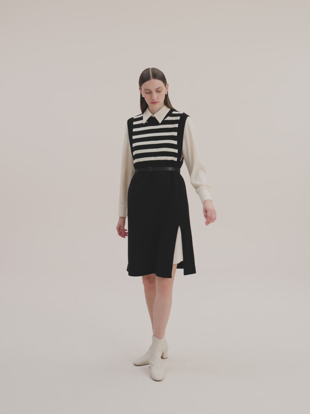 Women Shirt Dress And Striped Vest Two-Piece Set