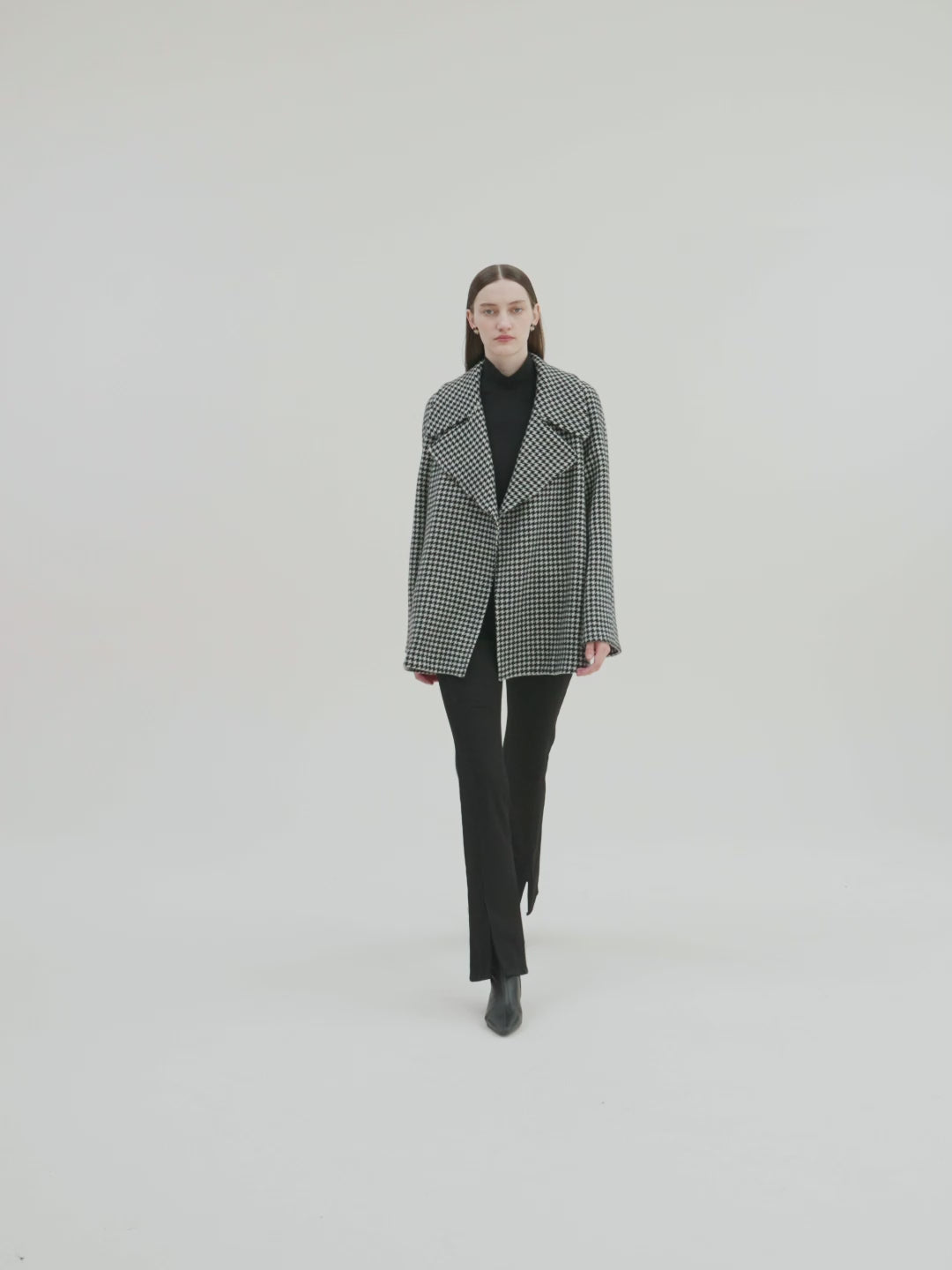 Washable Wool Houndstooth Coat With Belt