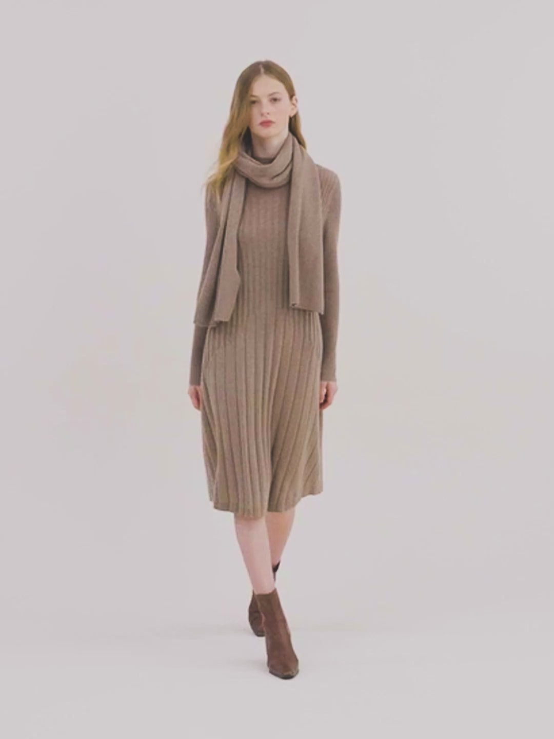 Tencel Wool Slim Knitted Midi Work Dress With Scarf