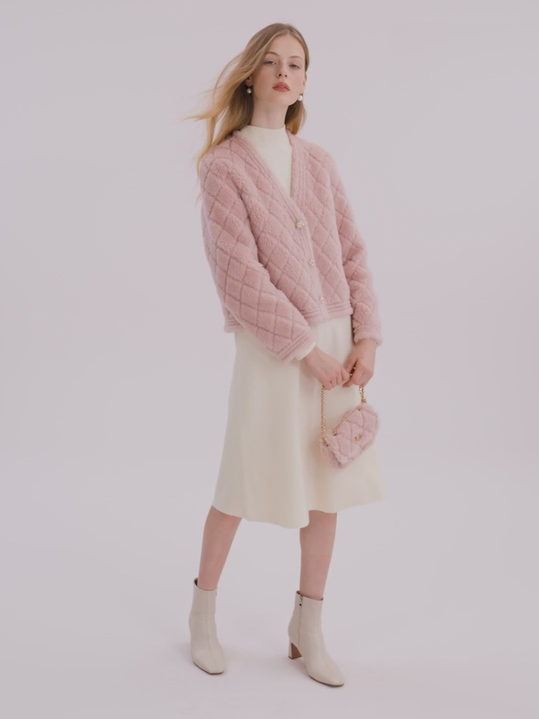 Pink Velour Short Coat With Bag