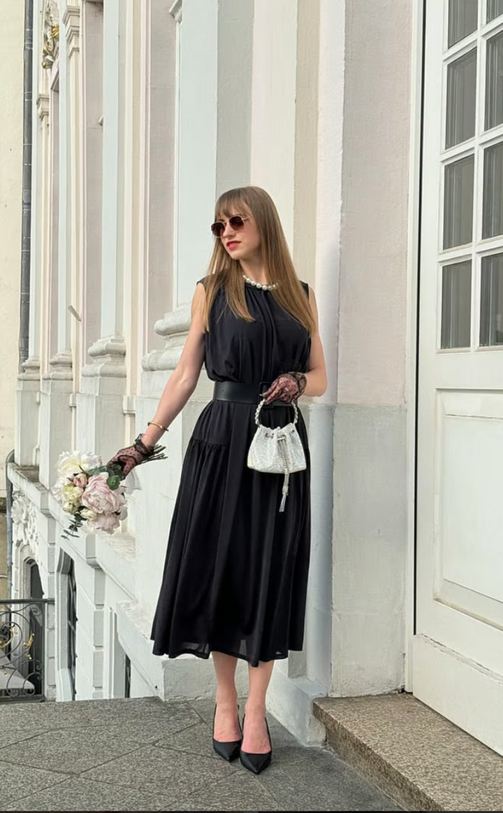 black dress with a gold belt Black Short Dress with Sequin Waist Band main image 0