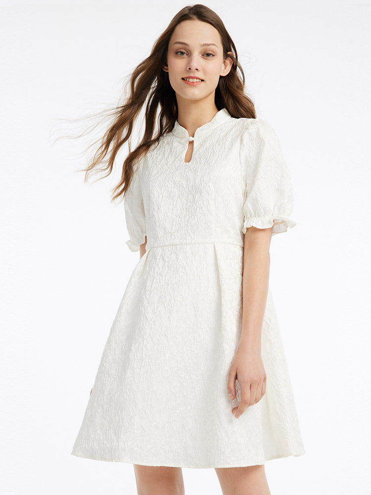 White Cheongsam Jacquard Puff Sleeve Midi Dress GOELIA