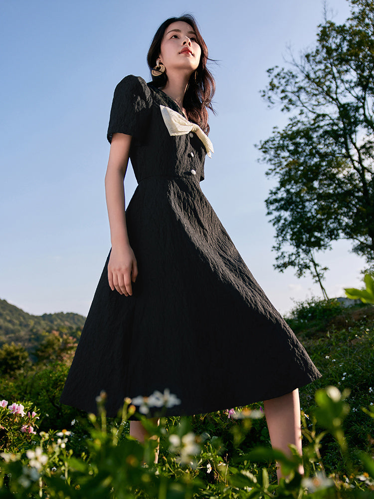 Black Detachable Bowknot Jacquard High Waist Dress GOELIA