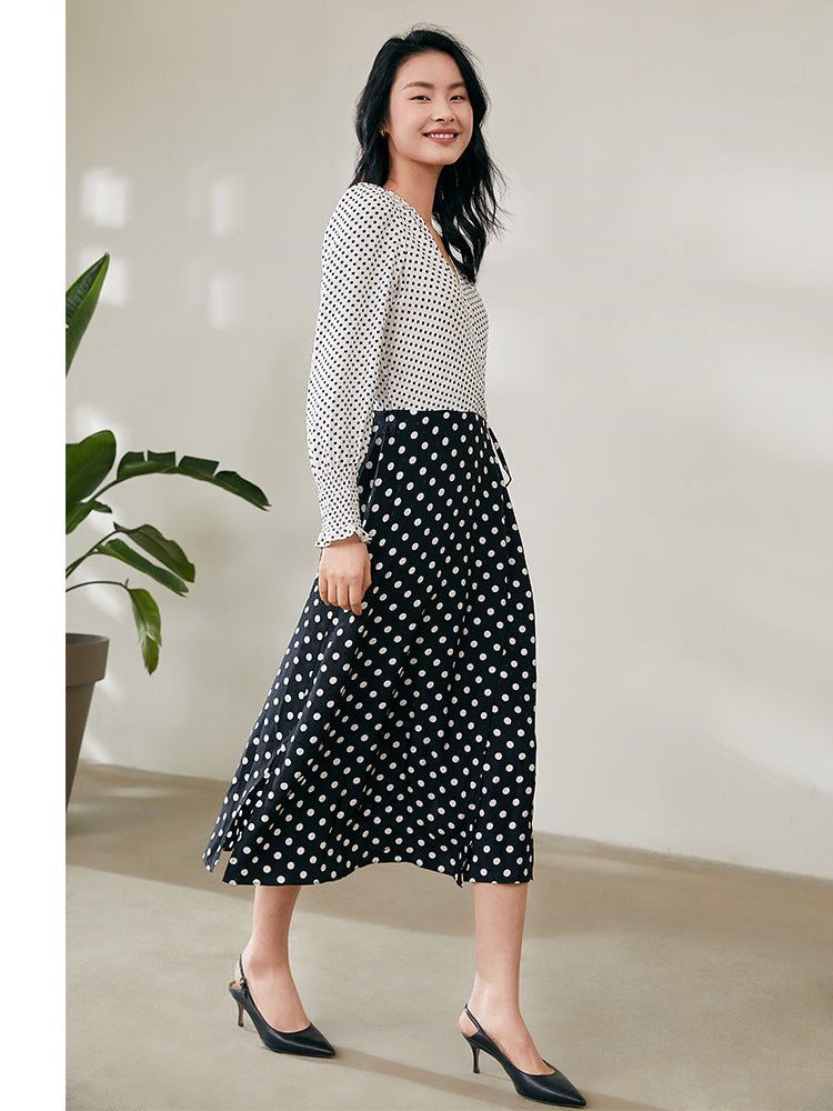 Black&White Polka Dots Slim Ankle-Length Wrap Dress GOELIA