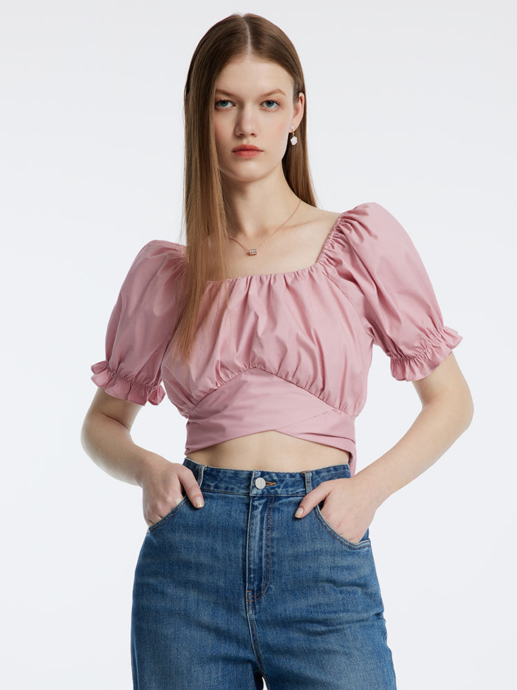 Pink Bowknot Pleated Princess Sleeve Blouse GOELIA