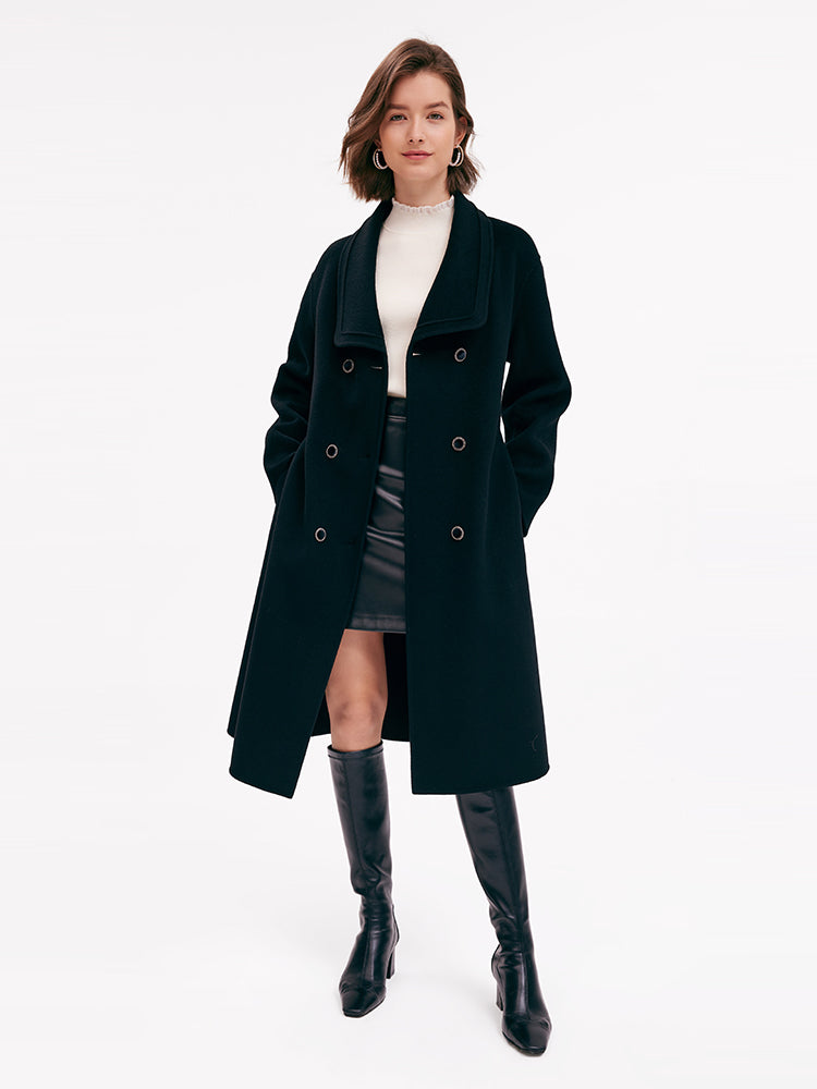 Black Double-Breasted Button Wool Lapel Coat GOELIA